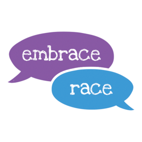 Embrace Race Logo with talk bubbles in purple and blue. Anti-racism and racial justice resources for parents 